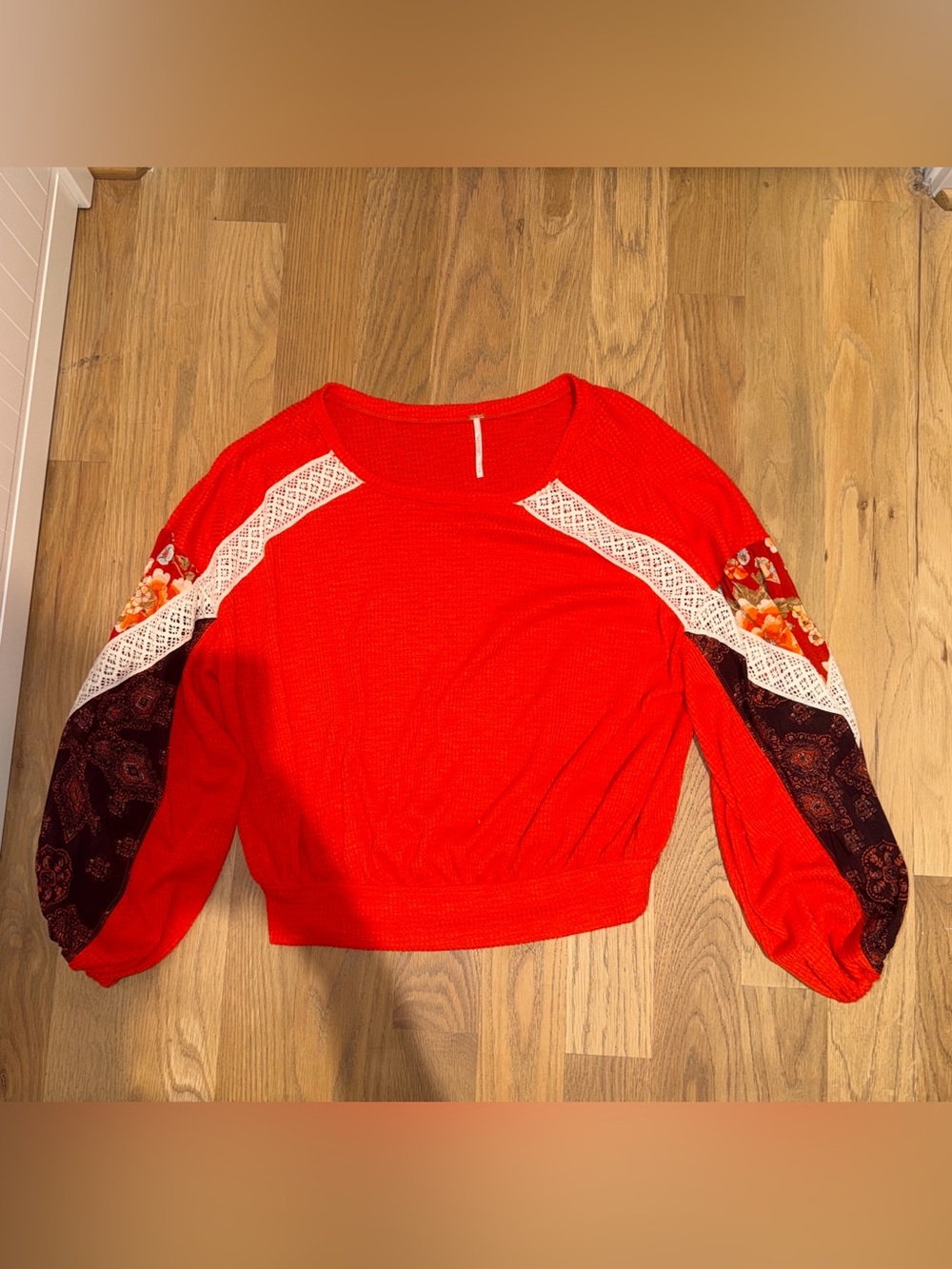 Free People Red Off-the-Shoulder Patchwork Sweater